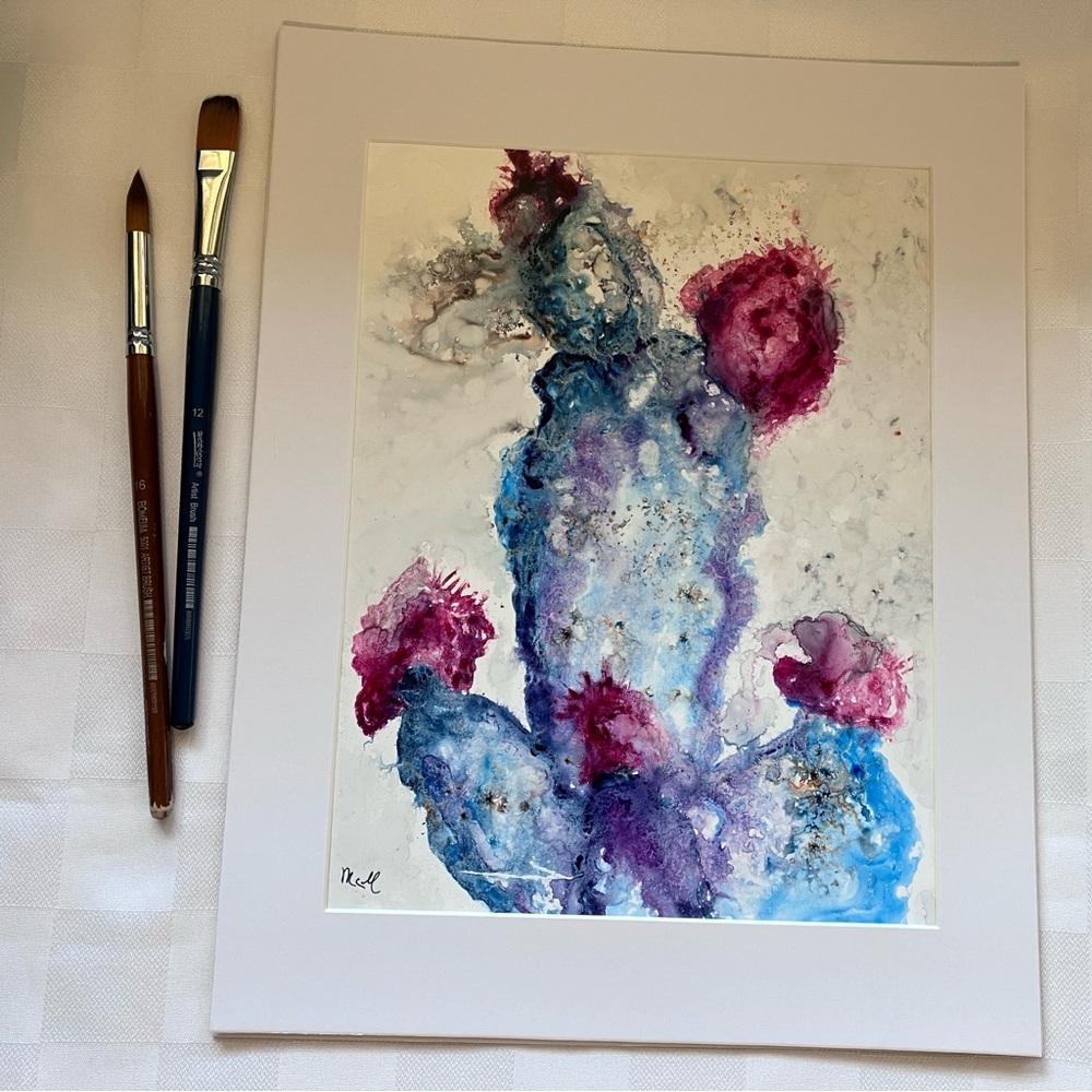 Abstract Prickly Pear Cactus Desert Floral Watercolor Painting